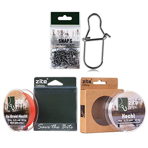 Zite Fishing Hecht Angelschnur Set | 8X geflochtene Hecht-Schnur Orange 155m | Karabiner-Snaps 30 Stück #2 Angelwirbel | 30m Fluorocarbon Vorfach-Schnur von Zite