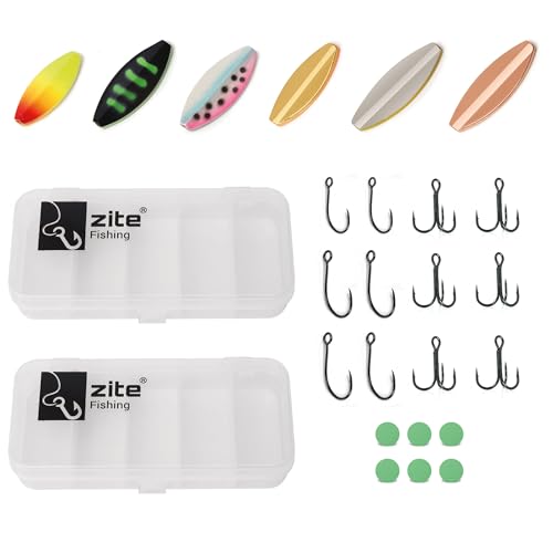 Zite Fishing Inline Spoon Set - Durchlauf-Blinker Metallic & Neon - Angelköder - 2,3-5g Forellenköder - Köderbox Gummiperlen Haken von Zite