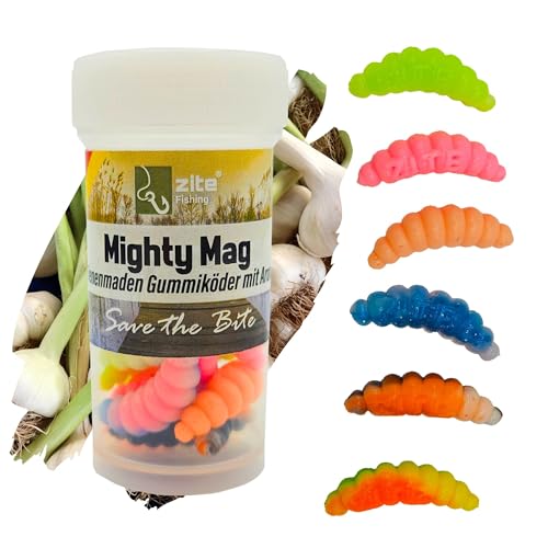 Zite Fishing Mighty Mag Neon Mix 12 STK - Schockfarben Forellen-Köder 2,8cm - Bienenmaden-Imitat – Gummiköder UV-Aktiv & Phthalatfrei – Neon Knoblauch von Zite