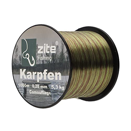 Zite Fishing Monofile Angelschnur in Camouflage – Karpfen-Schnur 0,28mm 1000m Spule - Abriebfeste Carp-Line Nylon-Schnur mit 5,3kg Tragkraft von Zite