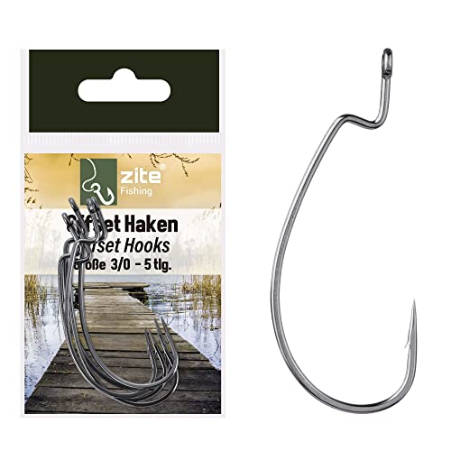 Zite Fishing Offset-Haken Set - 5 STK Scharfe Angelhaken Kunstköder-Angeln Barsch & Zander Größe 3/0 - Perfekt für Gummiköder, Jigs, Creature Baits von Zite