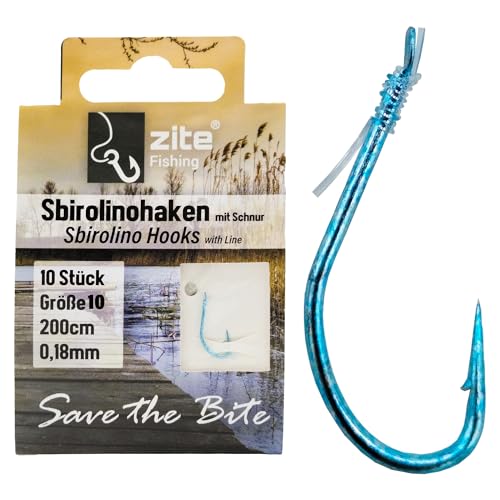 Zite Fishing Sbirolino-Haken Größe 10 200 cm | Forellenhaken Blau mit monofiler Vorfachschnur | 10 Stück Angelhaken & Vorfachhaken Gebunden Forellen-Angeln von Zite