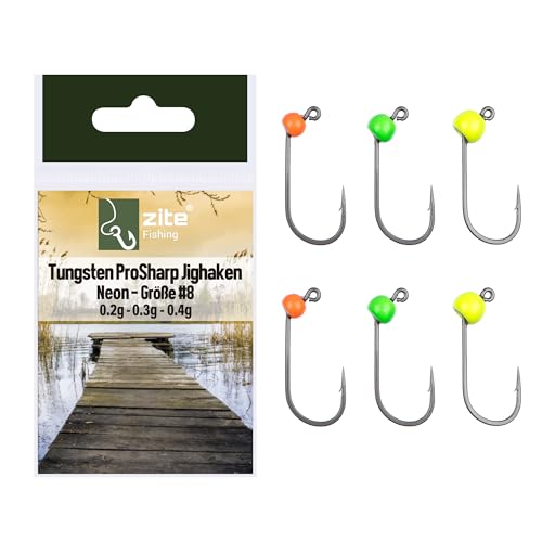 Zite Fishing Tungsten Pro Sharp Jighaken Forelle Neon 6 STK #8 | Tungsten Jigköpfe Forelle UV-Aktiv | Forellen-Haken mit Tungsten-Perle Teflonbeschichtet | Ultraspitz & Scharf für Gummiköder UL Angeln von Zite