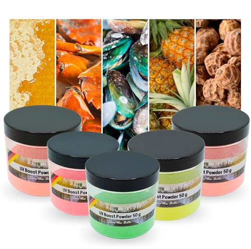 Zite Fishing UV Boost Powder Set - 5x50g Bait Dip für Karpfen-Köder - Boilies, Pop Ups, Pellets & Mehr - 5 Aromen von Ananas bis Monster Crab von Zite