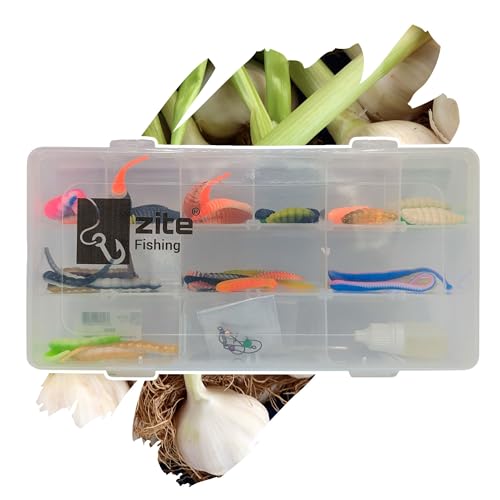 Zite Fishing Ultra Light Gummiköder Schnupper Box | 40 Forellenköder | Might Mag | Curly Viper | Wiggle Worm | Attracta Larv | Slinky Snake | Twerky Tailer | B-Mag | Aroma & Haken-Set von Zite