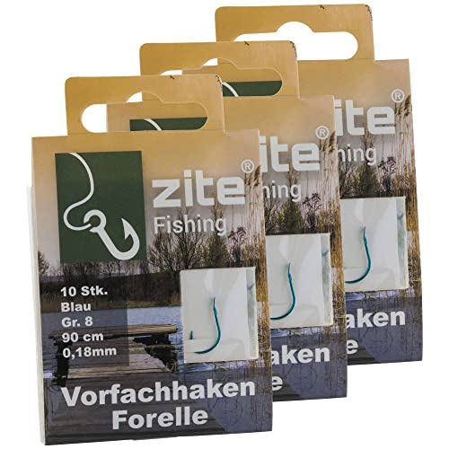 Zite Fishing Vorfach-Haken Forelle Gebunden 30 Stück – Größe 8 Angelhaken mit Vorfach-Schnur – Forellenhaken Blau mit Angelschnur von Zite