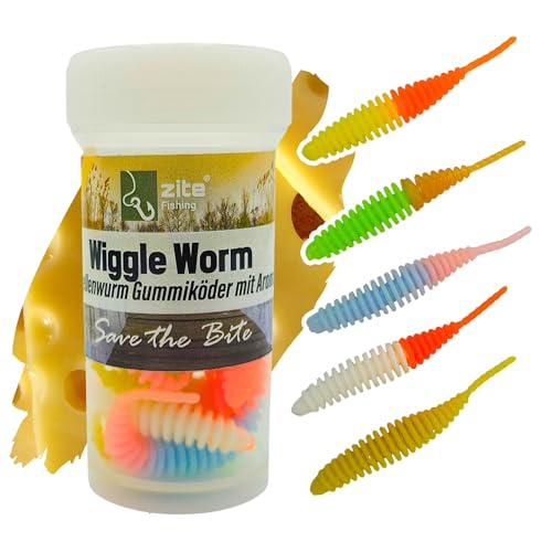 Zite Fishing Wiggle Worm Neon Mix 10 STK – Aromatisierter Lamellen Gummiwurm Forellen-Köder - 5,5cm Gummiköder für UL Angeln – Phthalatfrei - Neon Käse von Zite