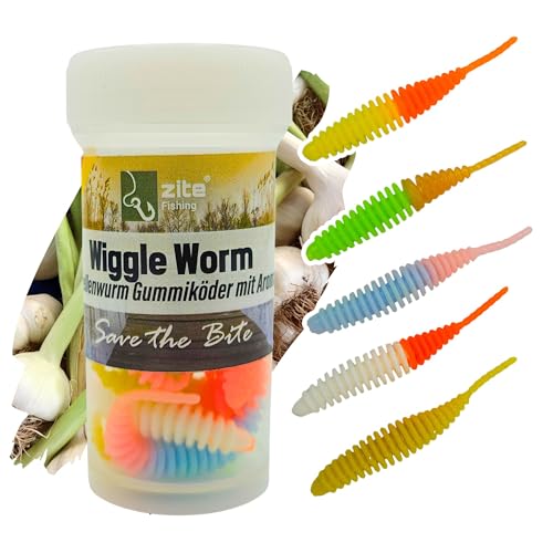 Zite Fishing Wiggle Worm Neon Mix 10 STK – Aromatisierter Lamellen Gummiwurm Forellen-Köder - 5,5cm Gummiköder für UL Angeln – Phthalatfrei – Neon Knoblauch von Zite