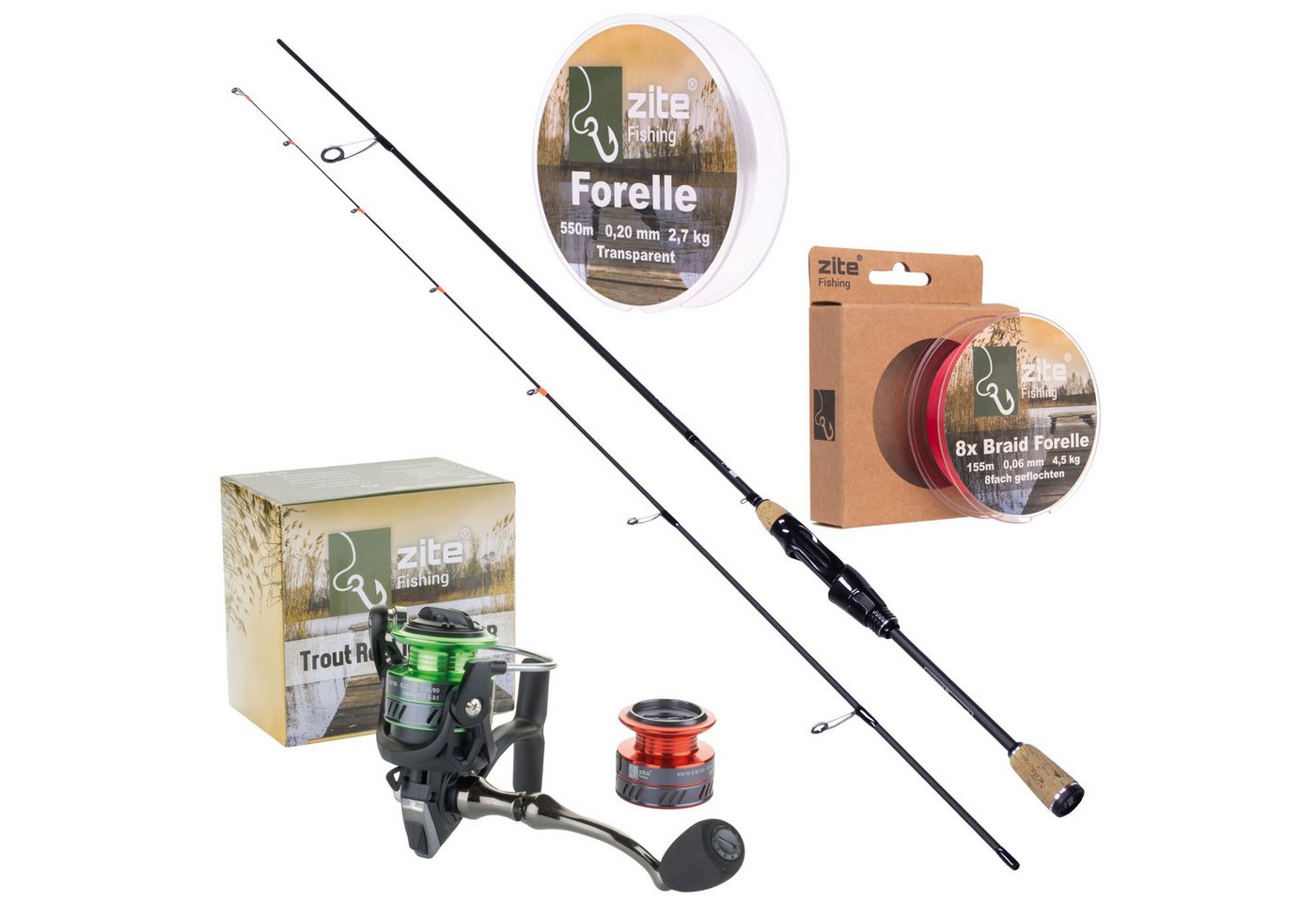 Zite Forellenrute Gummiköder Rute 2 m mit 1000er Trout Reel und 8x geflochtene Schnur, (Starter Set, Forellen Angeln, 3-tlg) von Zite
