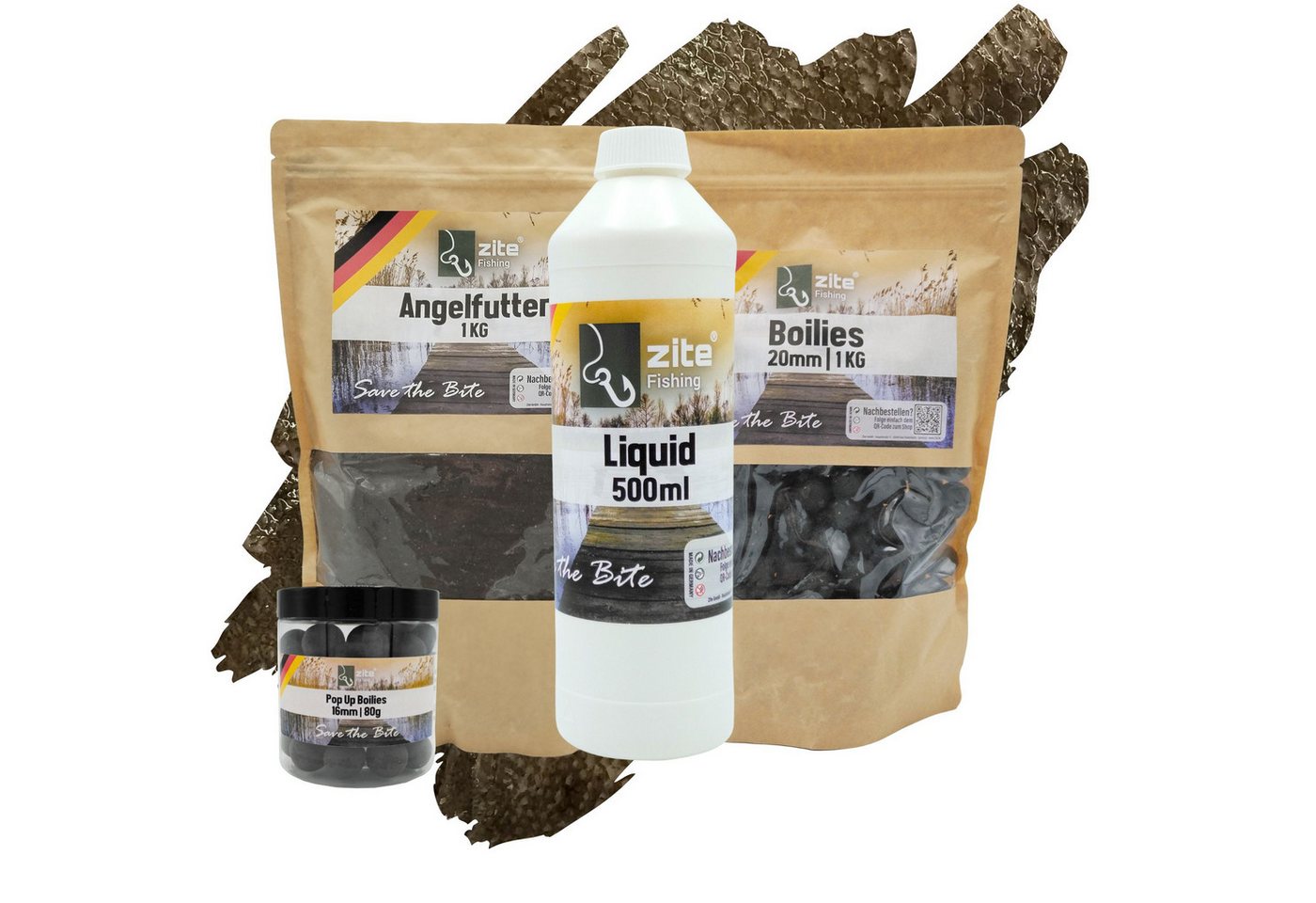 Zite Kunstköder Grundfutter Set mit Boilies, Angelfutter und Liquid im Halibutaroma, (4-St) von Zite