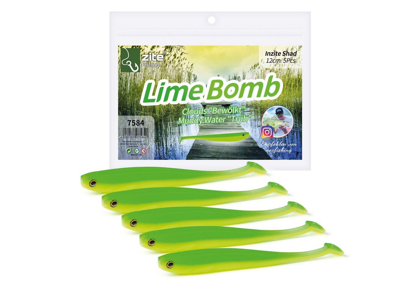Zite Kunstköder Inzite Shad Lime Bomb - Zander Gummiköder 12 cm 5 Stück von Zite