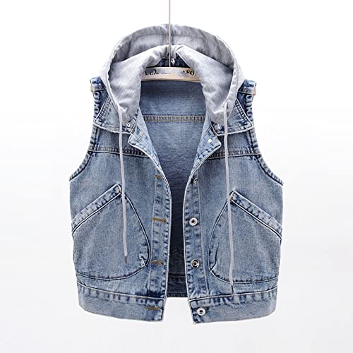 Große Denim-Weste Für Damen, Wilde Mode, Einfarbig, Abnehmbare, Einreihige Weste Mit Kapuze, Denim-Damen, Klassische Ärmellose Doppeltaschen-Jean-Weste-Jacke, Damen, Blau, L von Zlatomu