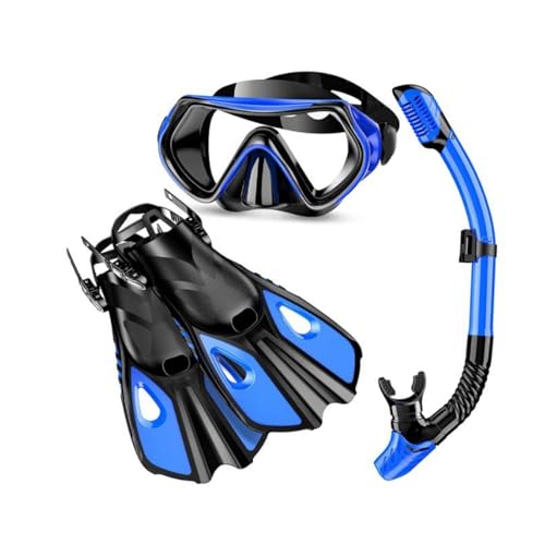 Schnorchelset mit Flossen, Schnorchelausrüstung in Reisegröße mit Schwimmflossen, Hochwertige Tauchermaske für Kinder Erwachsene-Blue-A||L/XL von Zolito