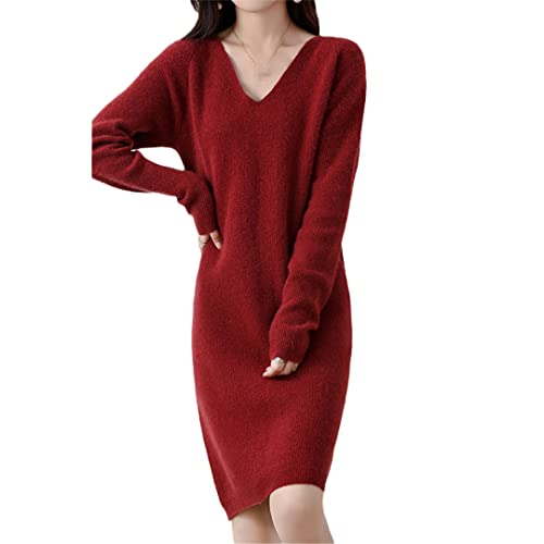 100% Merinowolle Strickpullover Damen Kleid Winter/Herbst V-Ausschnitt Damen Knielang Kleider Lang Dicker Pullover Rost Rot XL von Zozogag