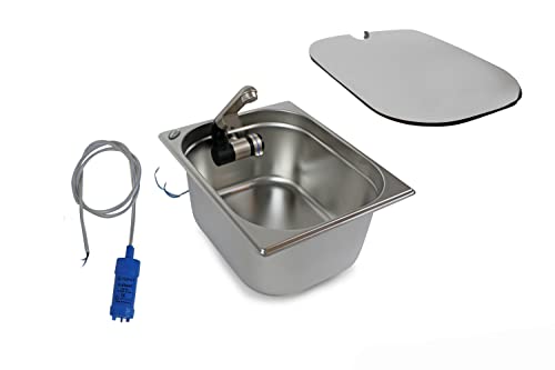 Edelstahl Spülbecken Camping Spüle Waschbecken + Ablauf + 12v Tauchpumpe + Spülbeckenabdeckung passend 325x265x150 mm Barwig Wasserhahn integriert (ad-ideen) von ad-ideen