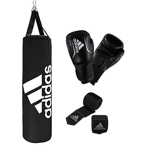 adidas Boxing-Set Performance, Boxsack-Kit 90 x 30 cm – 20 kg, inkl. Boxhandschuhen Größe 10 oz und Bandagen, schwarz/weiß von adidas