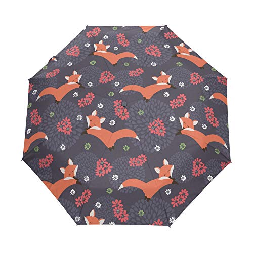 Automatisch Faltbarer Regenschirm, Niedlicher Fuchs UV-Schutz Regenschirm, Tragbare Sonnen- und Regenschirme für Kinder Damen Herren von alaza