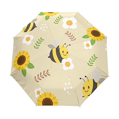 Automatischer Faltbarer Regenschirm, Tier, niedlicher Pandabär, UV-Schutz, tragbarer Sonnenschirm und Regenschirm für Kinder, Damen, Herren Beige Biene 001 Einheitsgröße von alaza