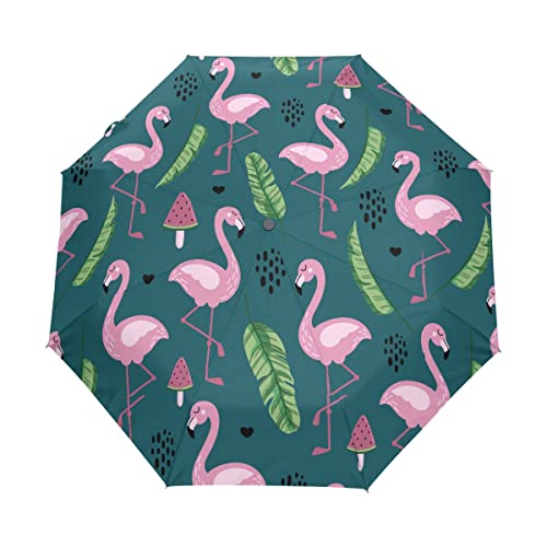 Automatischer Faltschirm, tropische Pflanzenblätter und Flamingo UV-Schutzschirm, tragbare Sonnen- und Regenschirme für Kinder Frauen Männer, Flamingo 187, Einheitsgröße von alaza