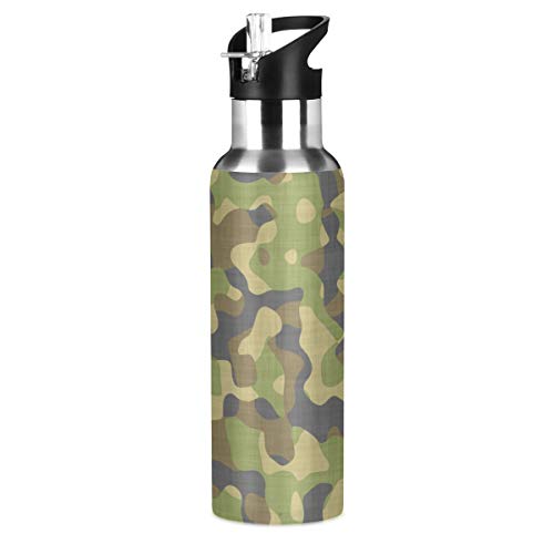 Edelstahl-Wasserflasche mit Strohhalm, weiß, marmoriert, isoliert, Sport-Wasserflasche für Kinder und Erwachsene, auslaufsicher, 600 ml, Camouflage 066, 600 ml von alaza
