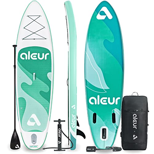aleur 2020 Explorer Aufblasbares Stand Up Paddle Board Paket W Premium SUP Zubehör & Rucksack, rutschfestes Deck, Leine, Paddel und Handpumpe | Elegant, Spaß, Tragbar, Vielseitig (Seegrün) von aleur