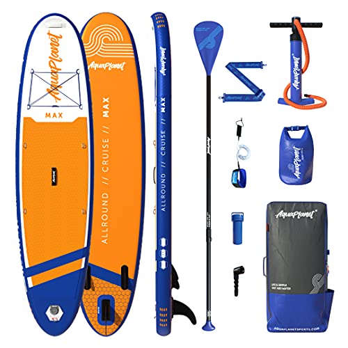 AQUAPLANET Aufblasbares Stand-Up Paddleboard Set - Max I 325 cm I Ideal für SUP Anfänger & Experten I Beinhaltet Finne, Paddel, Pumpe, Reparaturset, Rucksack, Leine, Trockensack, Trageriemen von aquaplanet