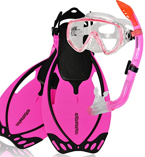 AQUAZON Miami Schnorchelset, Schwimmset, Tauchset, Taucherbrille mit Anti Fog Tempered Glas, Silkon, Semi Dry Schnorchel, verstellbare Flossen für Kinder, Farbe:pink, Größe:32/37 von aquazon