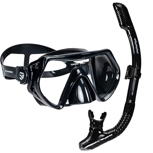 AQUAZON RS1 Schnorchelset für Erwachsene - Professionelle Qualität, Anti Fog Glas, Liquid Silikon Maskenband und Maskenkörper, Dry Top Schnorchel, Farbe:schwarz von aquazon