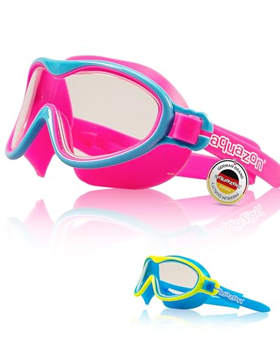 aquazon WAVE Junior Kinder Schwimmbrille, Schnorchelbrille, Taucherbrille, Tauchmaske für Kinder, von 3-7 Jahren, sehr robust, tolle Passform, Farbe:Pink blau von aquazon