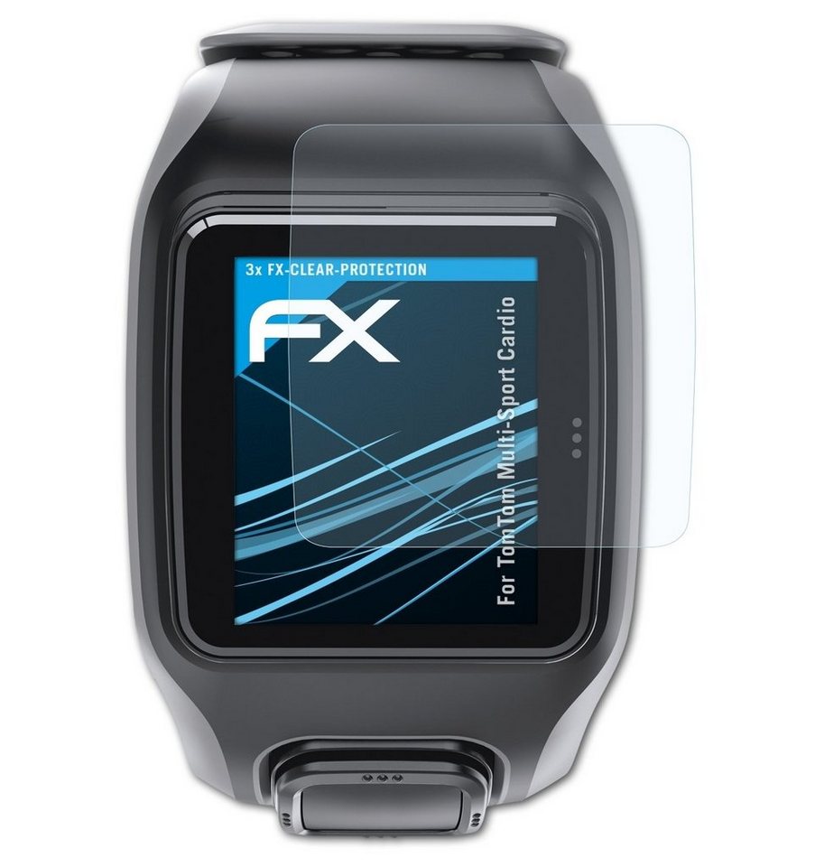 atFoliX Schutzfolie Displayschutz für TomTom Multi-Sport Cardio, (3 Folien), Ultraklar und hartbeschichtet von atFoliX