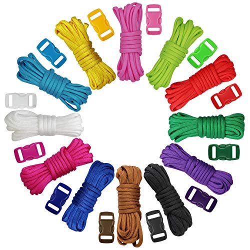 aufodara 12er x 10 Fuß Bunte Paracord Armband Schnur 7 Stränge Parachute Seile Set mit 12er Kunststoff klick-Verschluss für DIY Armbänder Hunde-Halsbänder Rucksack (12 Farben mit Verschluss) von aufodara