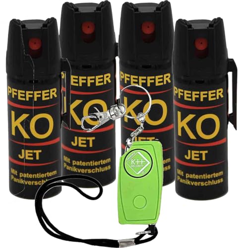 KO Pfefferspray Jet 50ml Spray Verteidigungsspray | SPARSET - 4X Abwehrspray Hundeabwehr | Selbstverteidigung | 5m Sprühweite | Tierabwehr + Taschen-Alarm 120 dB Sirene Panikalarm von baum-m gmbh