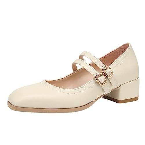 Klobige Absätze für Damen, niedrige Blockabsätze, geschlossene Zehen, Mary-Jane-Schuhe, Bequeme Pumps für Kleid, Büro, Kirche, mit doppelten Knöchelriemen,Beige,43 von bbruriy