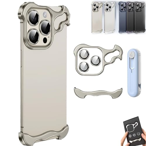Special-Shaped Metal Corner Pad Anti-Fall Phone Case Suitable for iPhone 15 14 13 Pro Max, Frameless Aluminum Alloy Metal Corner Pad Anti-Fall Phone Case with Lens Protective Film (Grey,13Pro) von behound
