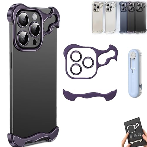 Special-Shaped Metal Corner Pad Anti-Fall Phone Case Suitable for iPhone 15 14 13 Pro Max, Frameless Aluminum Alloy Metal Corner Pad Anti-Fall Phone Case with Lens Protective Film (Purple,14Pro Max) von behound