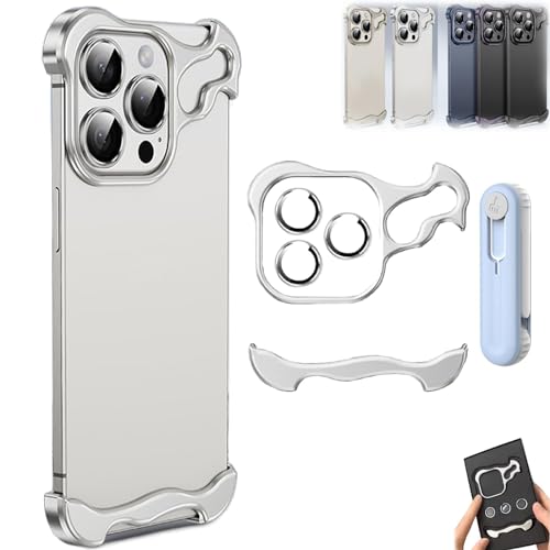 behound Special-Shaped Metal Corner Pad Anti-Fall Phone Case Suitable for iPhone 15 14 13 Pro Max, Frameless Aluminum Alloy Metal Corner Pad Anti-Fall Phone Case with Lens Protective Film (Sliver,14) von behound