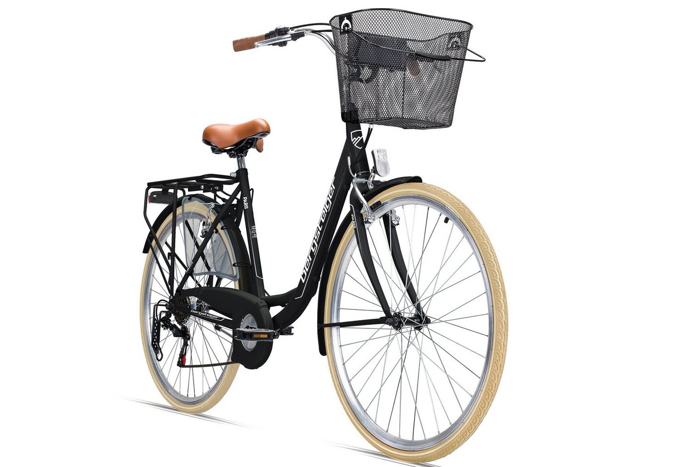bergsteiger Cityrad Paris 26 Zoll, 28 Zoll Damenfahrrad, ab 140 cm, Korb, Licht, 6 Gang Shimano Tourney RD-TZ50 Schaltwerk, Kettenschaltung, V-Bremsen von bergsteiger