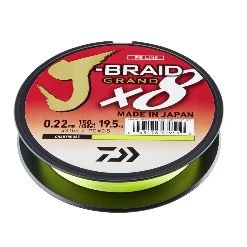 DAIWA J-Braid Grand X8E 0,22mm 19,5kg 135m Chartreuse (0,11 € pro 1 m)