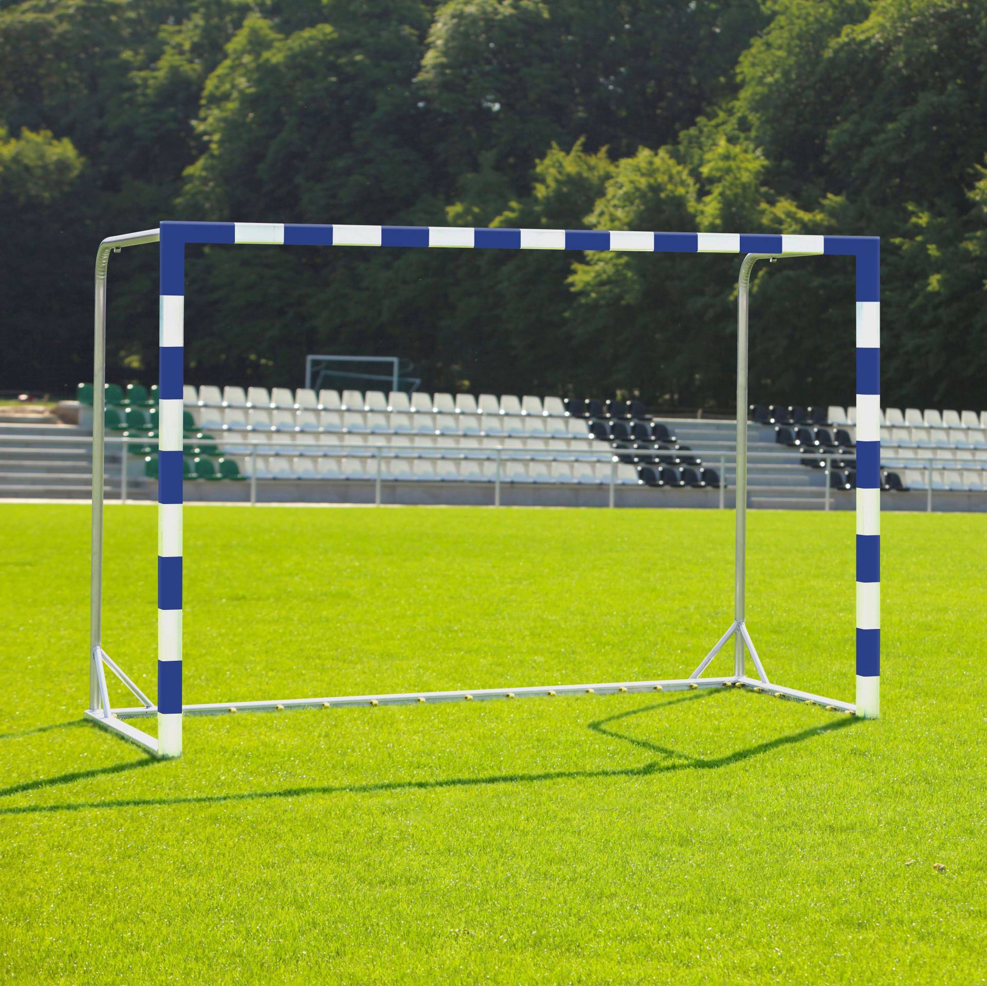 Handballtor mit beklebtem Torrahmen, Blau-Weiß, Mit anklappbaren Netzbügeln