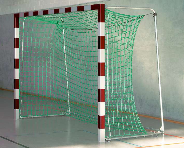 Sport-Thieme Handballtor in Bodenhülsen stehend mit patentierter Eckverbindung, Rot-Silber, Mit anklappbaren Netzbügeln von Sport-Thieme