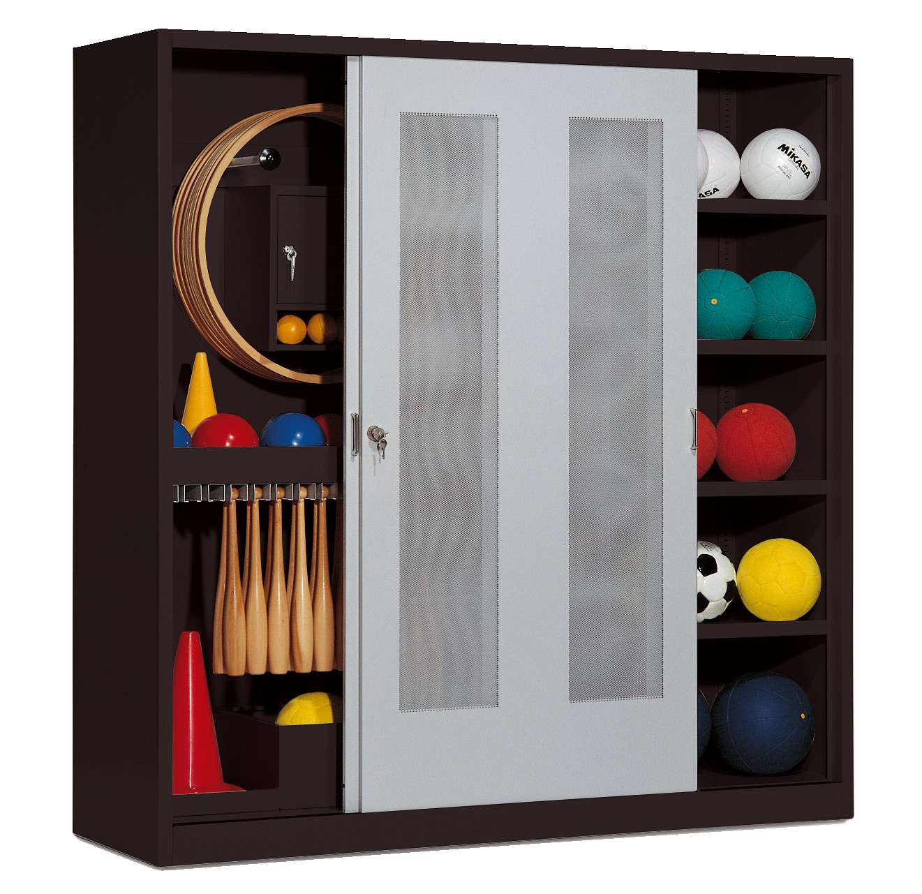 C+P Sportgeräteschrank mit Lochblech-Schiebetüren (Typ 5), HxBxT 195x190x60 cm, Lichtgrau (RAL 7035), Einzelschließung von C+P