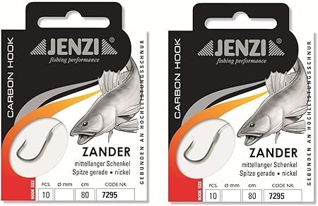 Set 2 Packungen JENZI gebundene Zanderhaken (10 Stück) an monofiler Schnur, 80cm Zander Vorfach montiert Hakengröße, 1, 2, 4 oder 1/0 + gratis Petri Heill! Aufkleber (Hakengröße 1/0) von blntackle76