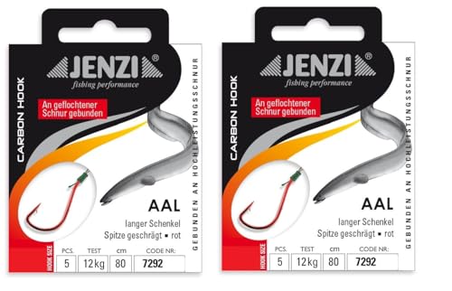 Set 2 Packungen gebundene Aal Haken von Jenzi, (10 Stück) an geflochtener Schnur Vorfach fertig + gratis Petri heil! Aufkleber. (Hakengröße 8) von blntackle76