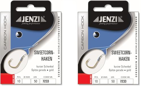 Set # 2 Packungen gebundene Mais-Haken Karpfen von Jenzi, Allroundhaken,(20 Stück) an Mono Schnur 50cm Hakengröße 6, 8, 10, 12, 14 Vorfach fertig + gratis Petri Heil! Aufkleber (Hakengöße 6) von blntackle76
