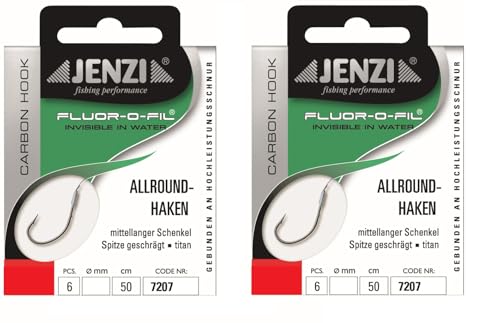 Set: 2 Packungen JENZI gebundene Allroundhaken Angelhaken (12 Stück), an Fluor Carbon, Vorfach fertig 50cm Hakengröße 4, 6, 8, 10, 12 + gratis Petri Heill! Aufkleber (Hakengröße 10) von blntackle76