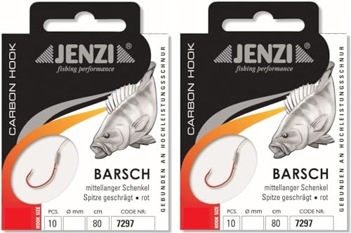 Set: 2 Packungen gebundene Barsch-Haken von Jenzi, (20 Stück) an Mono Schnur 80cm Hakengröße 4, 6, 8 & 10 Vorfach fertig + gratis Petri Heil! Aufkleber (Hakengröße 10) von blntackle76