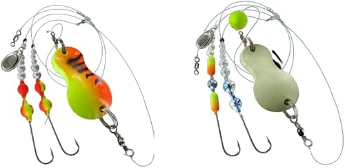 blntackle76 Set 2 Stück Buttlöffel von Jenzi,Plattfisch Blinker montiert 80 Gramm Light Green Glitter 100 Gramm grün/rot/Tiger und + gratis Petri Heil! Aufkleber von blntackle76