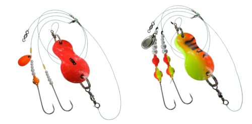 blntackle76 Set 2 Stück Buttlöffel von Jenzi Plattfisch Blinker montiert 60 Gramm orange Glitter & 80 Gramm grün/rot/Tiger Glitzer + gratis Petri Heil! Aufkleber von blntackle76