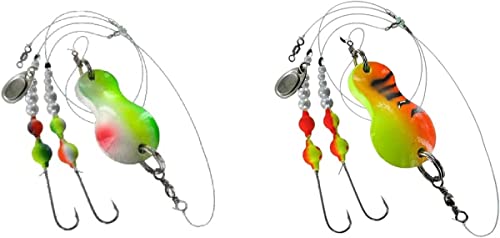 blntackle76 Set 2 Stück Buttlöffel von Jenzi Plattfisch Blinker montiert 80 Gramm grün/weiß/rot & 60 Gramm grün/rot/Tiger Glitzer + gratis Petri Heil! Aufkleber von blntackle76