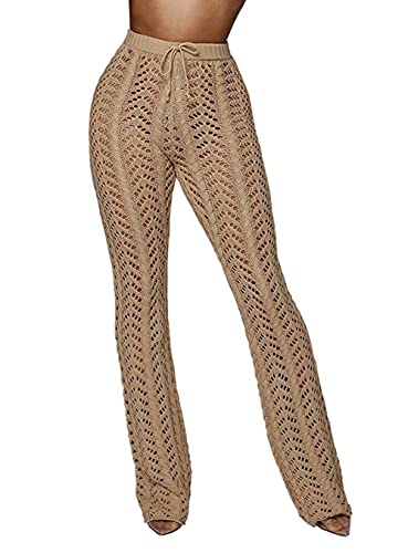 cffvdiz Damen Häkeln Strandhosen Sexy Hohl Strickhose Bikini Badeanzug Cover Up Hose,Khaki,M von cffvdiz